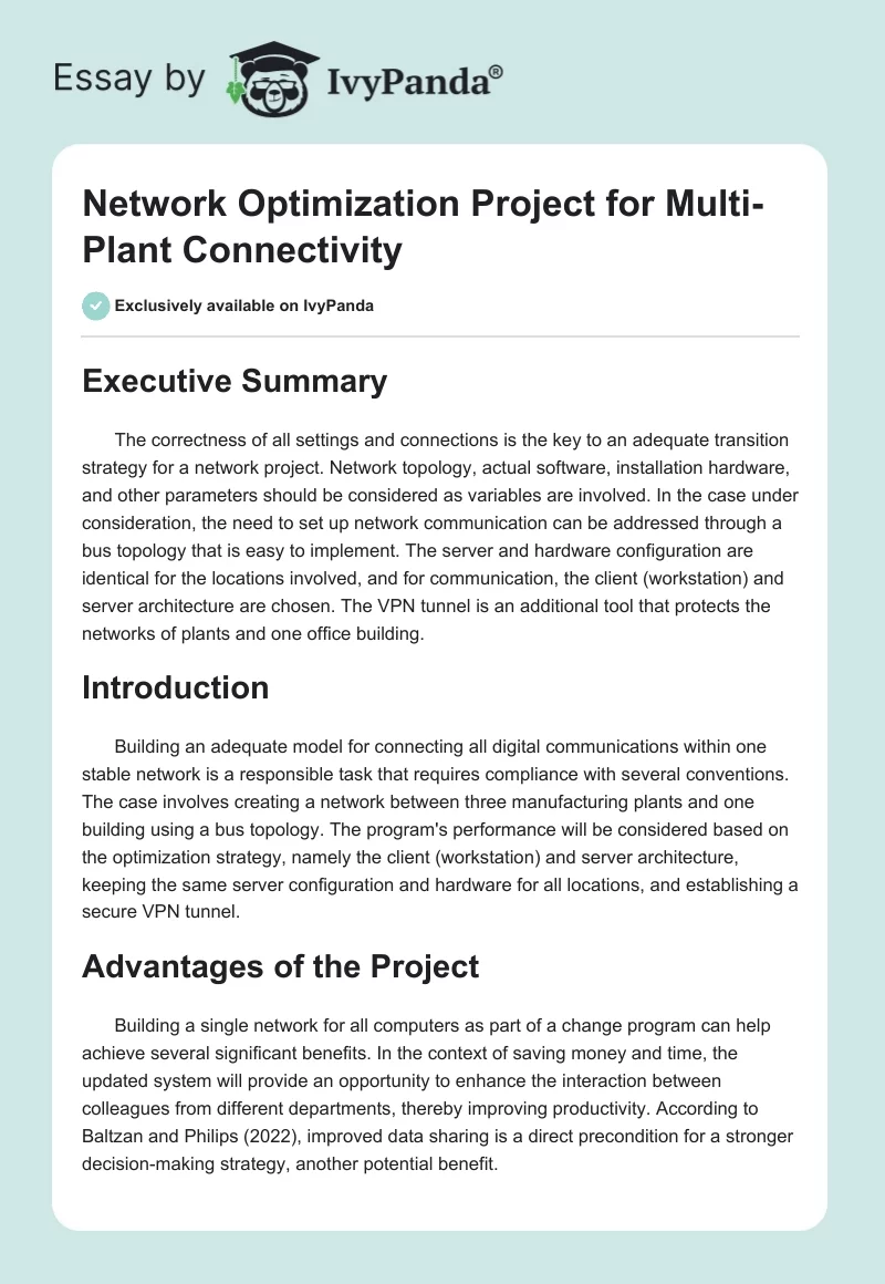 Network Optimization Project for Multi-Plant Connectivity. Page 1
