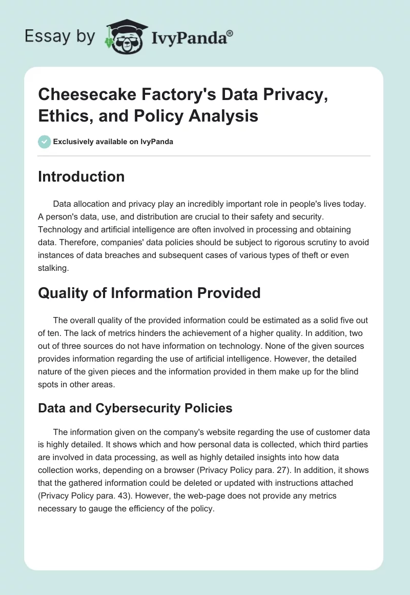 Cheesecake Factory's Data Privacy, Ethics, and Policy Analysis. Page 1