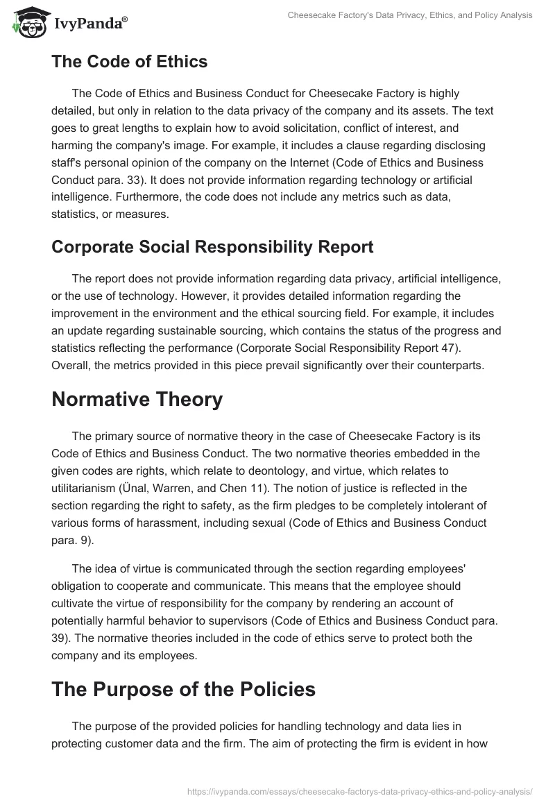 Cheesecake Factory's Data Privacy, Ethics, and Policy Analysis. Page 2