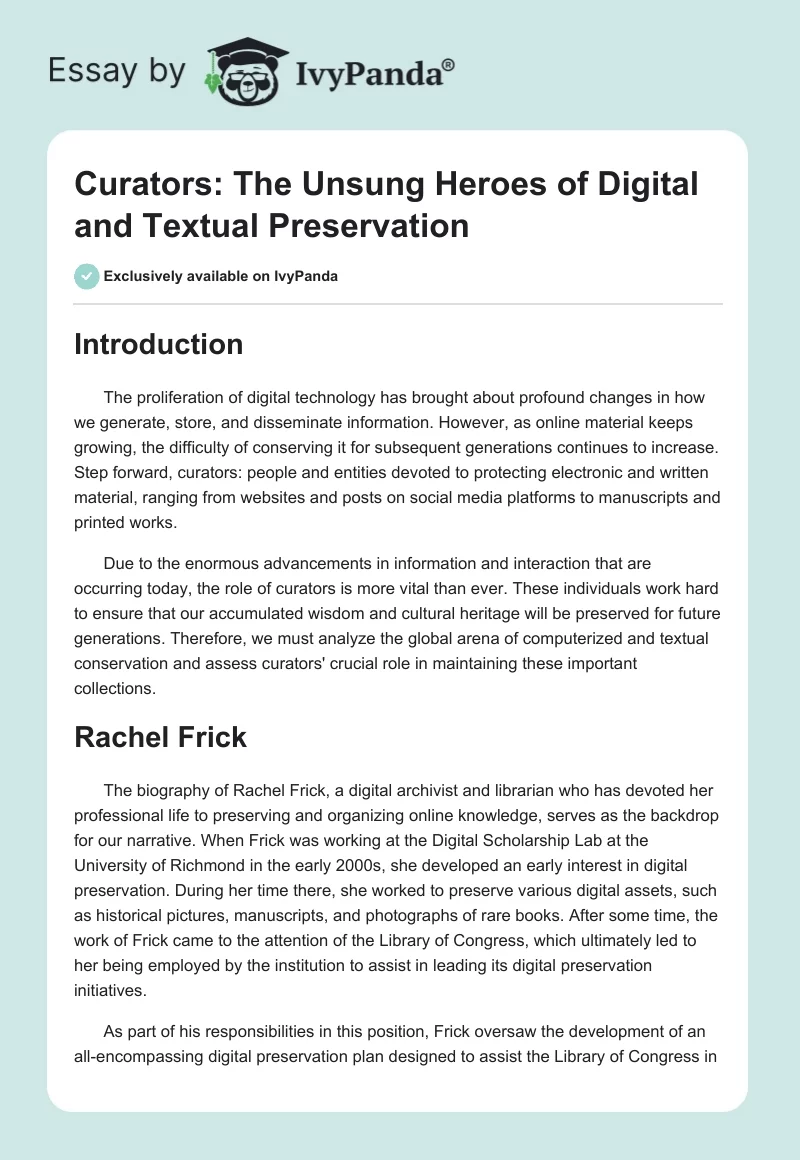 Curators: The Unsung Heroes of Digital and Textual Preservation. Page 1
