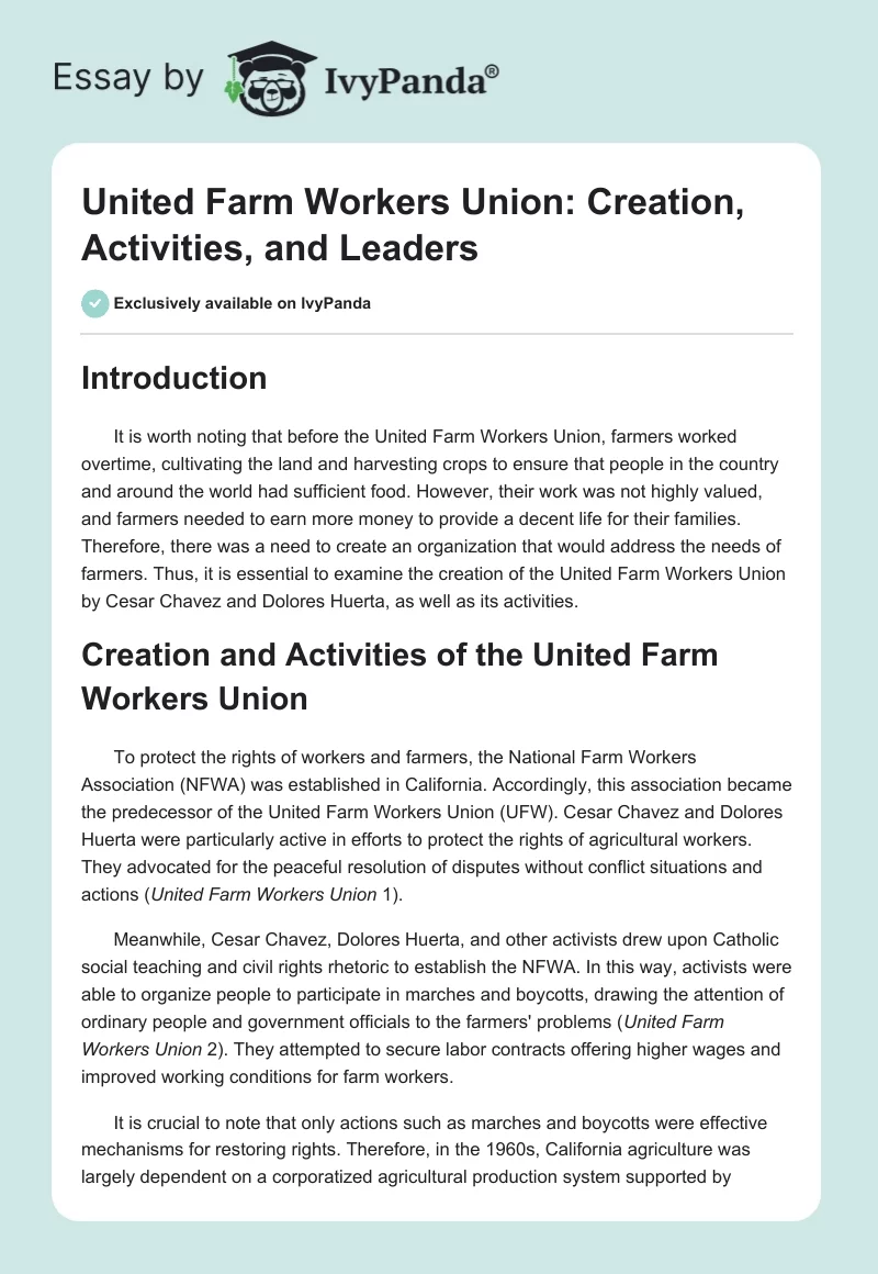 United Farm Workers Union: Creation, Activities, and Leaders. Page 1