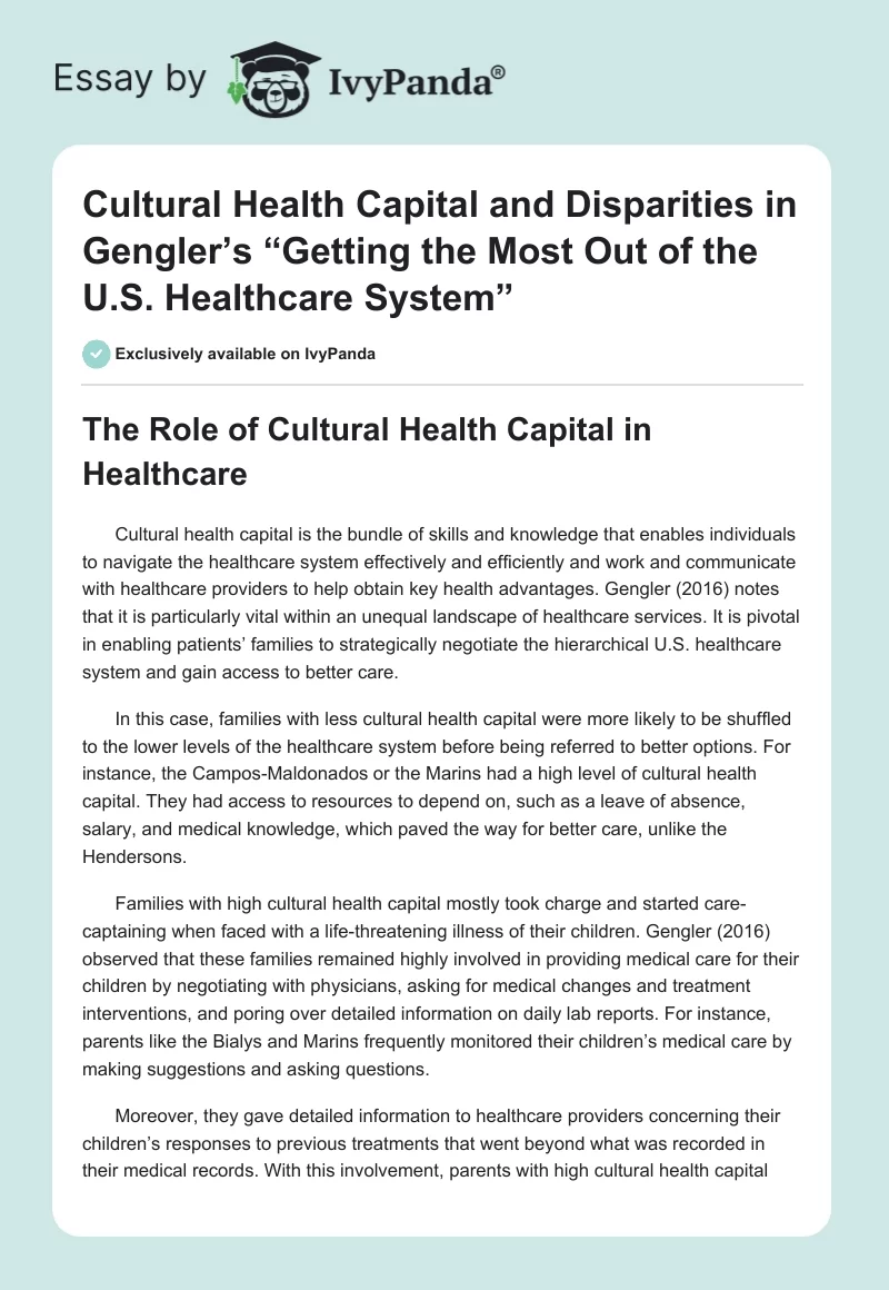 Cultural Health Capital and Disparities in Gengler’s “Getting the Most Out of the U.S. Healthcare System”. Page 1