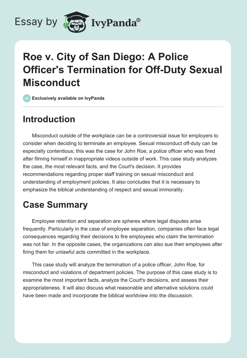 Roe v. City of San Diego: A Police Officer's Termination for Off-Duty Sexual Misconduct. Page 1