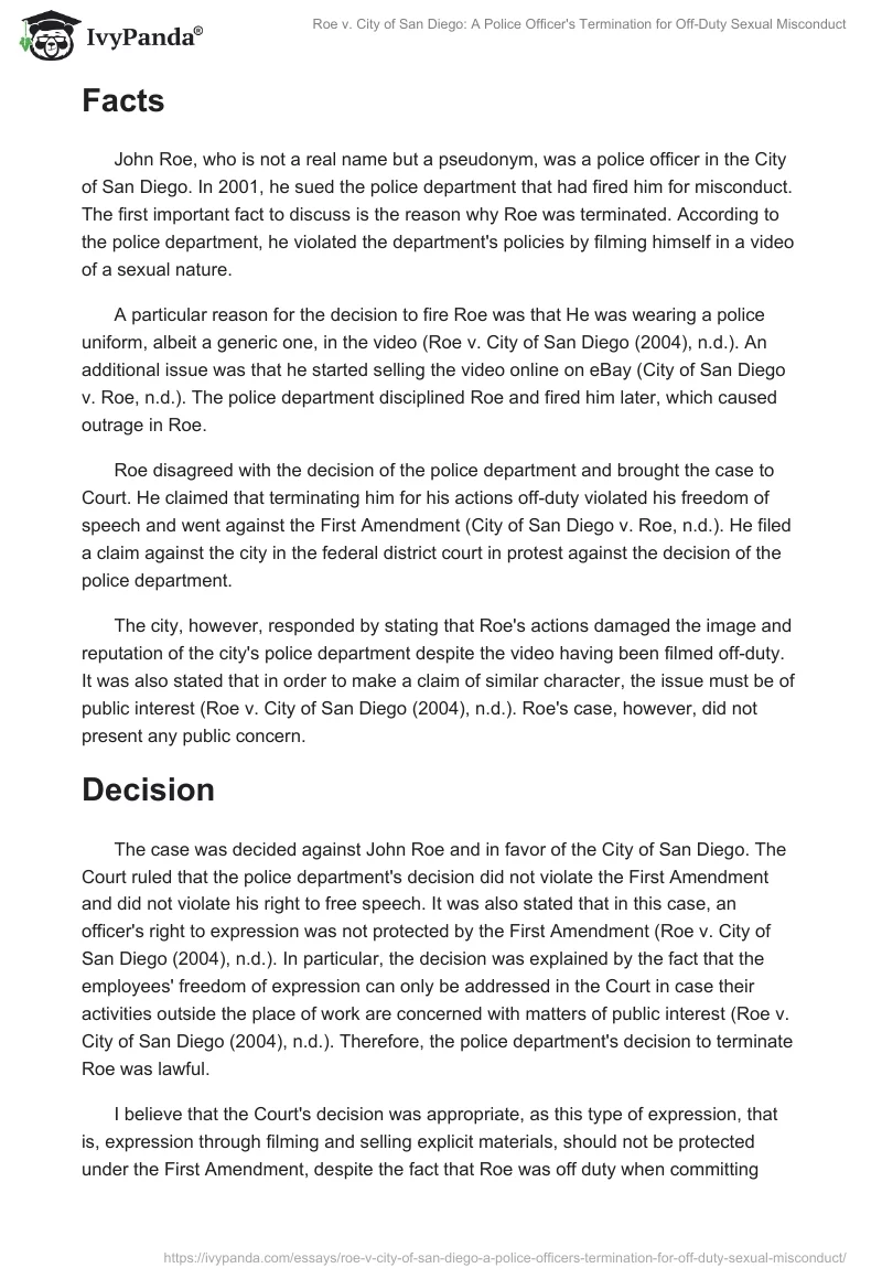Roe v. City of San Diego: A Police Officer's Termination for Off-Duty Sexual Misconduct. Page 2