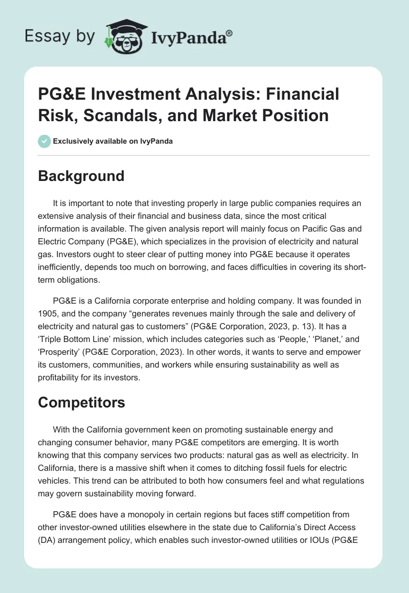 PG&E Investment Analysis: Financial Risk, Scandals, and Market Position. Page 1