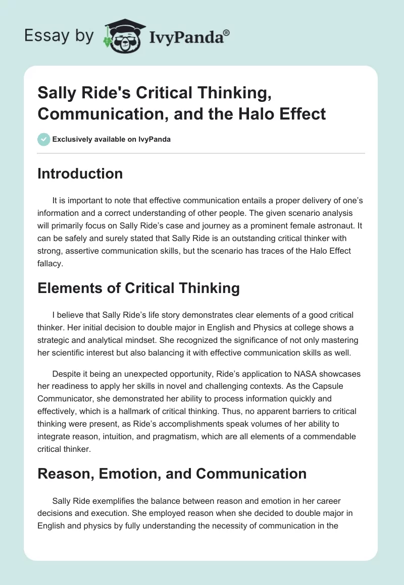 Sally Ride's Critical Thinking, Communication, and the Halo Effect. Page 1