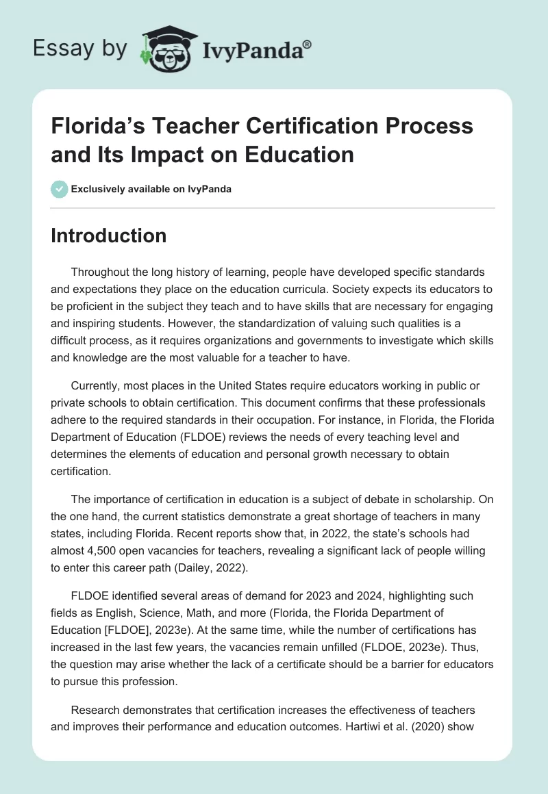 Florida’s Teacher Certification Process and Its Impact on Education. Page 1