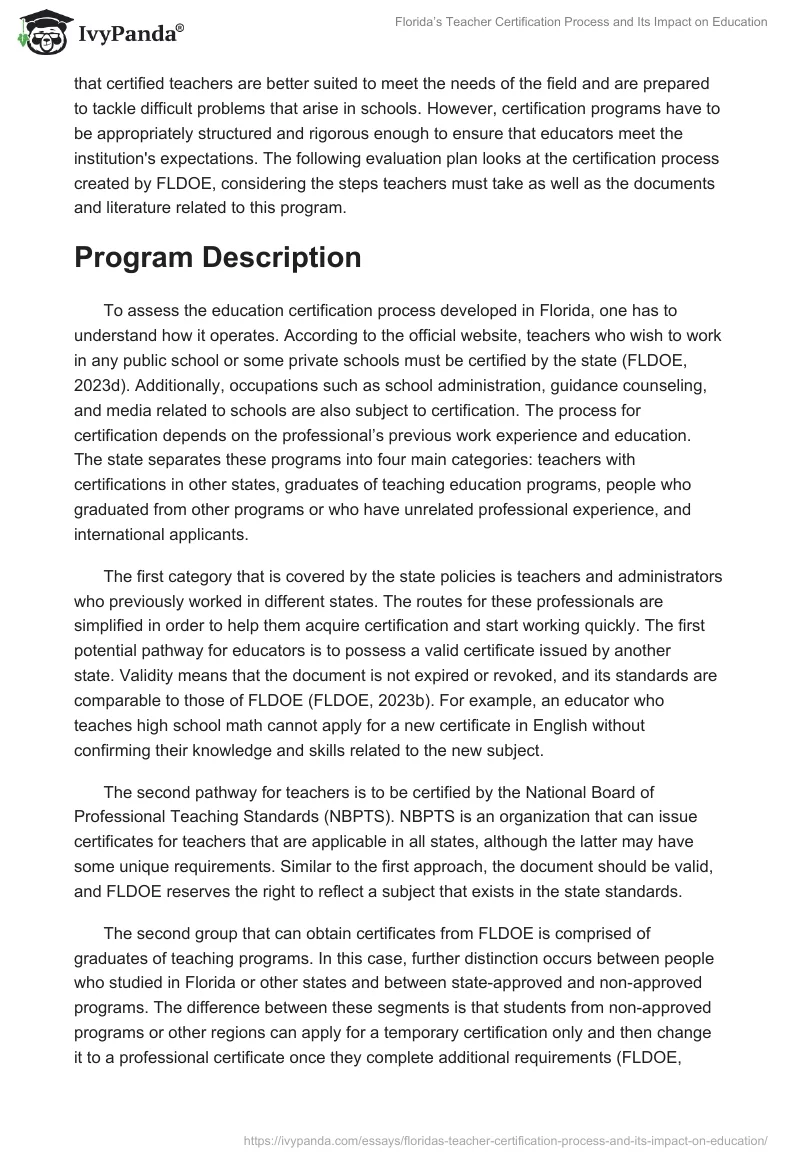 Florida’s Teacher Certification Process and Its Impact on Education. Page 2