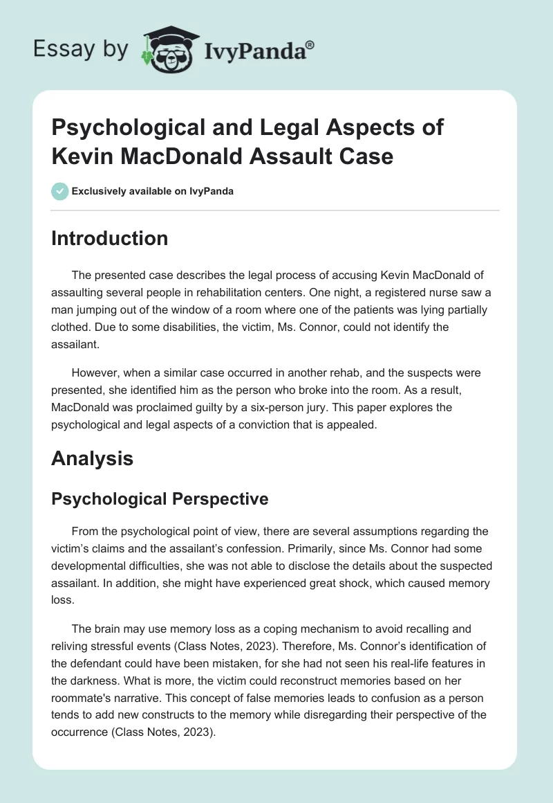 Psychological and Legal Aspects of Kevin MacDonald Assault Case. Page 1