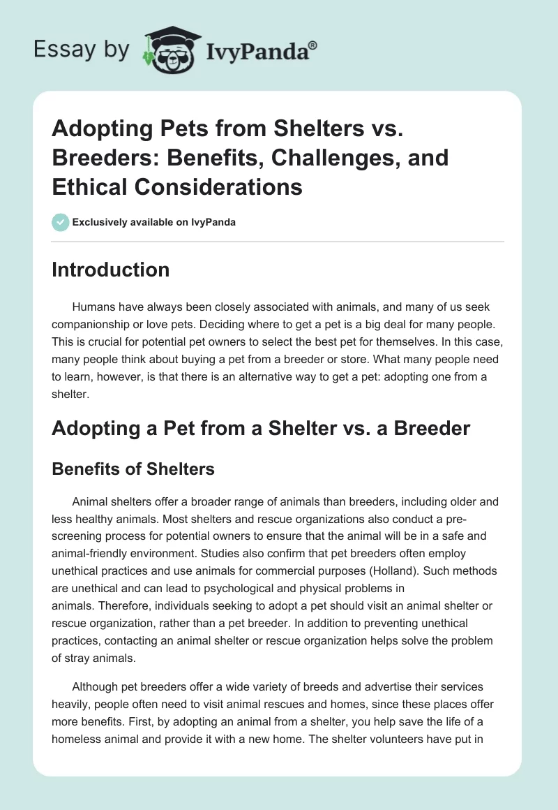 Adopting Pets from Shelters vs. Breeders: Benefits, Challenges, and Ethical Considerations. Page 1