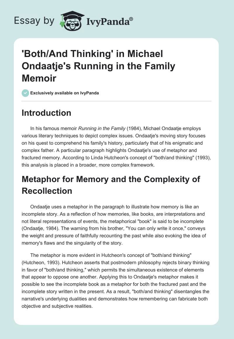 'Both/And Thinking' in Michael Ondaatje's Running in the Family Memoir. Page 1