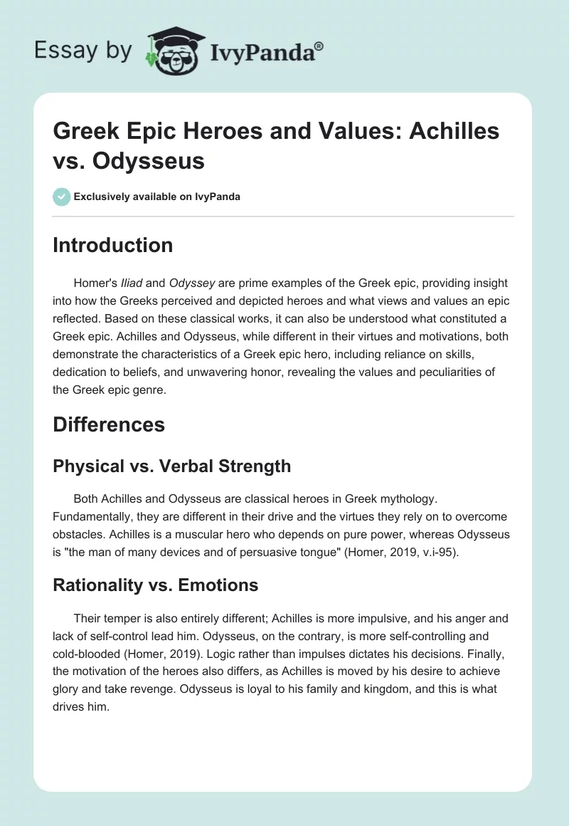 Greek Epic Heroes and Values: Achilles vs. Odysseus. Page 1