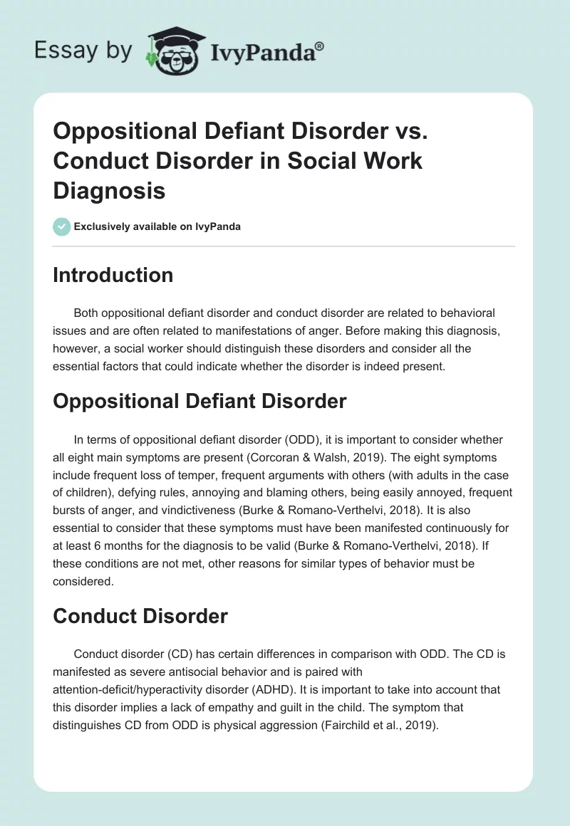 Oppositional Defiant Disorder vs. Conduct Disorder in Social Work Diagnosis. Page 1