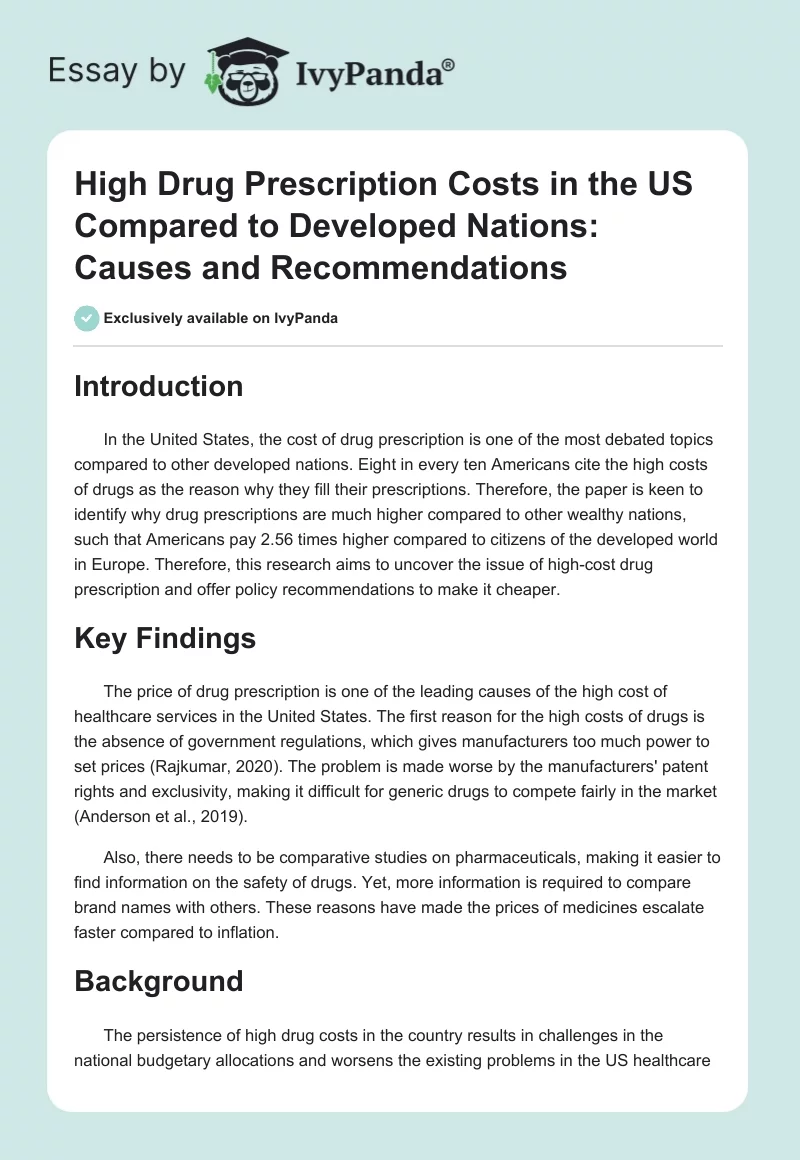 High Drug Prescription Costs in the US Compared to Developed Nations: Causes and Recommendations. Page 1