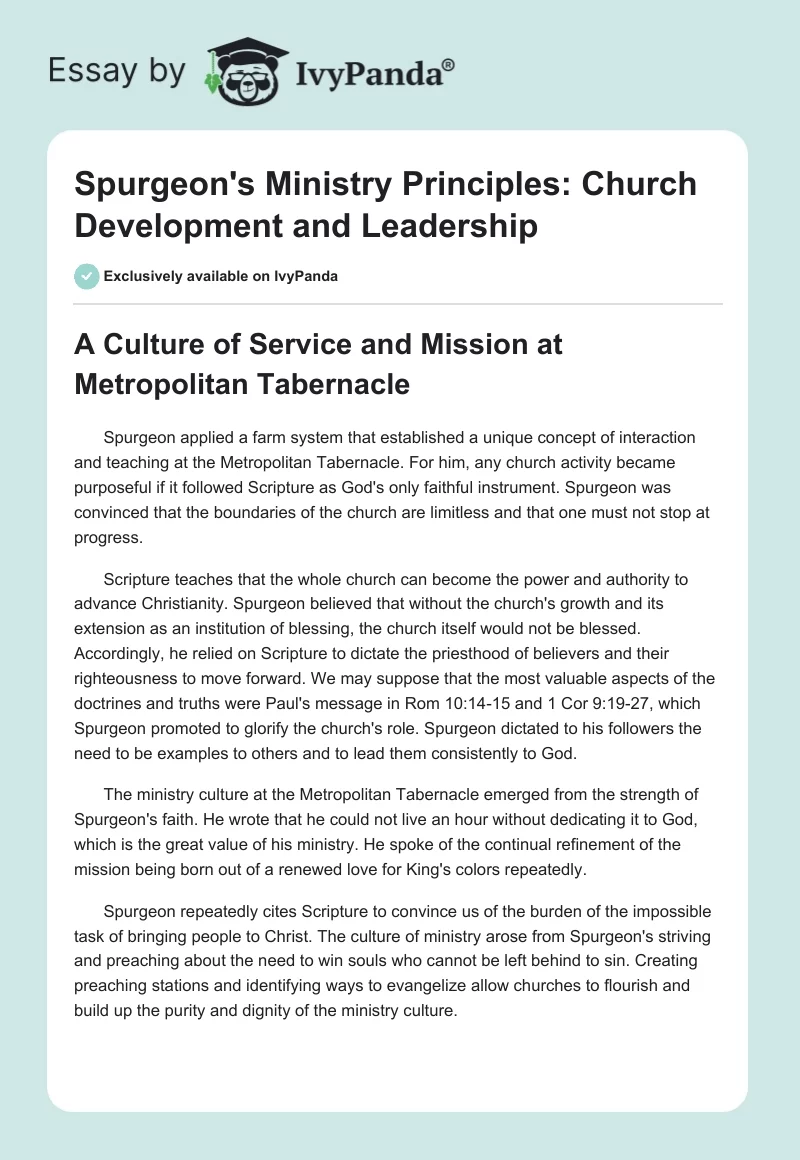 Spurgeon's Ministry Principles: Church Development and Leadership. Page 1