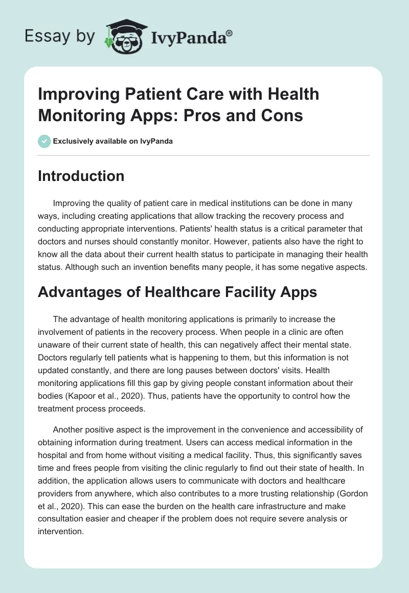 Improving Patient Care with Health Monitoring Apps: Pros and Cons. Page 1
