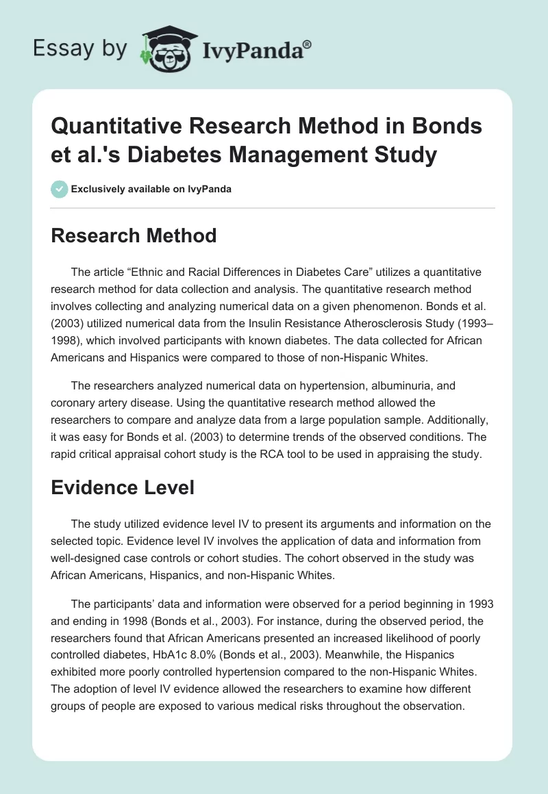 Quantitative Research Method in Bonds et al.'s Diabetes Management Study. Page 1