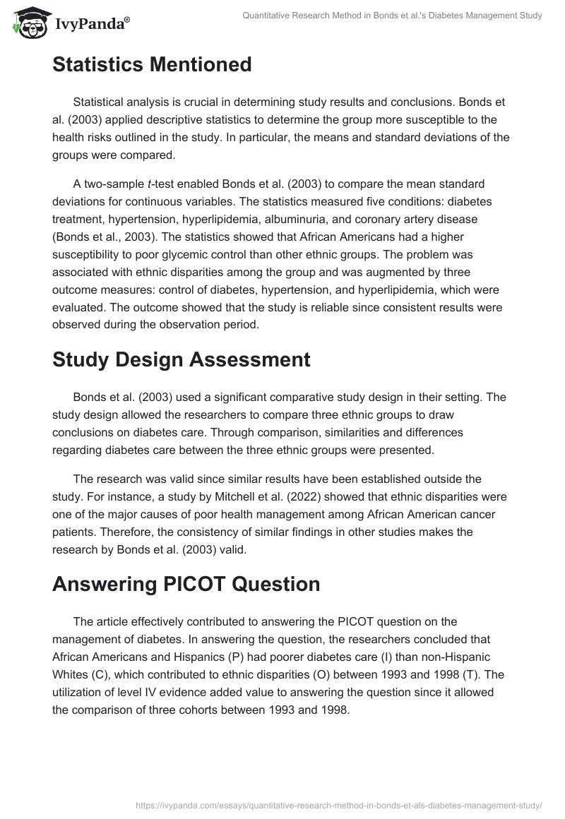 Quantitative Research Method in Bonds et al.'s Diabetes Management Study. Page 2