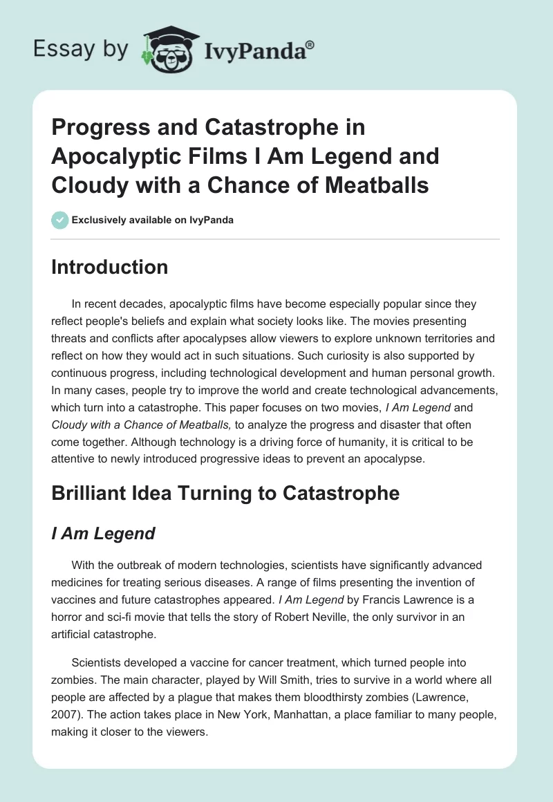 Progress and Catastrophe in Apocalyptic Films I Am Legend and Cloudy with a Chance of Meatballs. Page 1