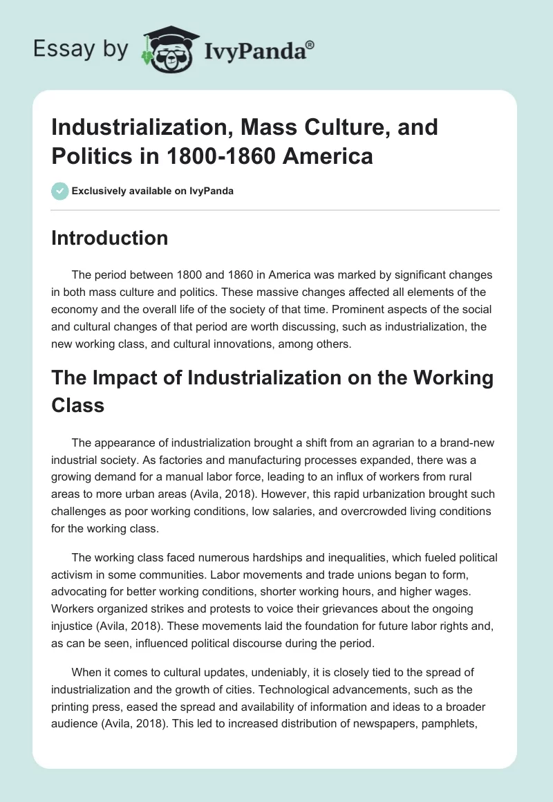 Industrialization, Mass Culture, and Politics in 1800-1860 America. Page 1
