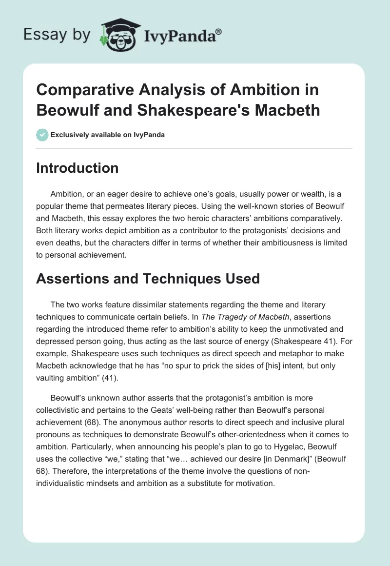 Comparative Analysis of Ambition in Beowulf and Shakespeare's Macbeth. Page 1