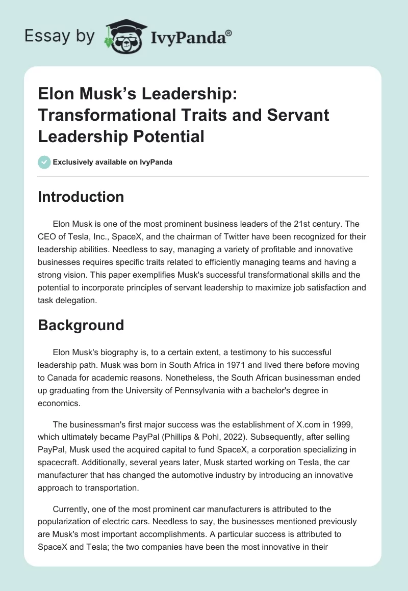 Elon Musk’s Leadership: Transformational Traits and Servant Leadership Potential. Page 1