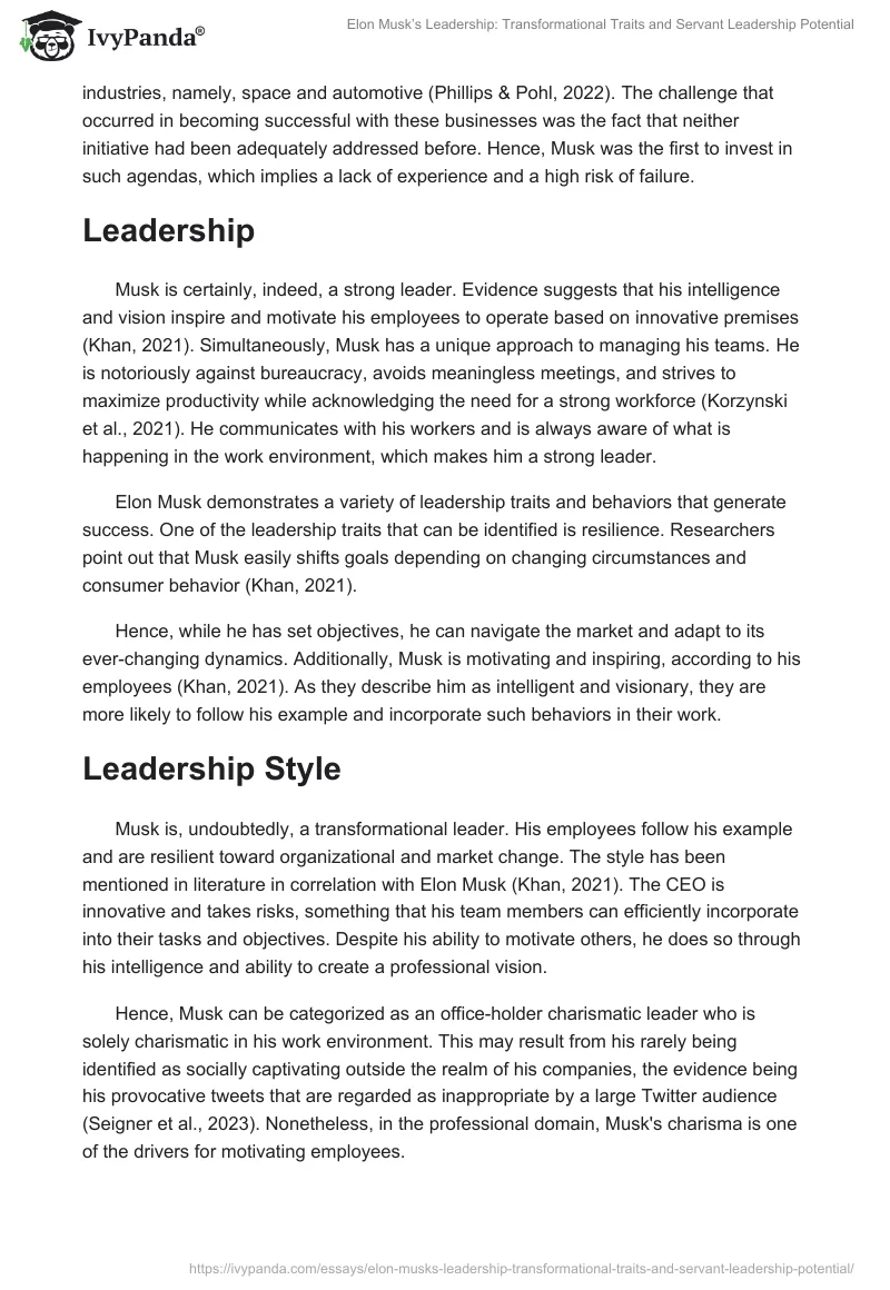 Elon Musk’s Leadership: Transformational Traits and Servant Leadership Potential. Page 2
