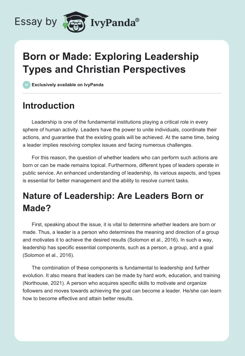 Born or Made: Exploring Leadership Types and Christian Perspectives. Page 1