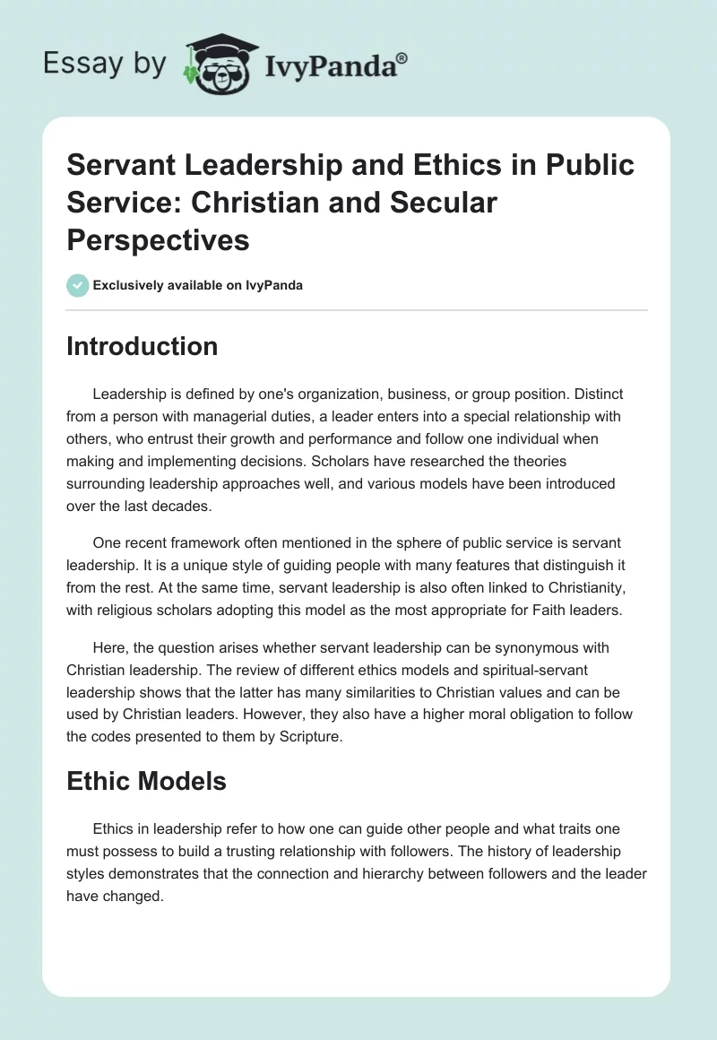 Servant Leadership and Ethics in Public Service: Christian and Secular Perspectives. Page 1