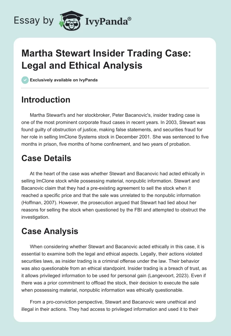 Martha Stewart Insider Trading Case: Legal and Ethical Analysis. Page 1