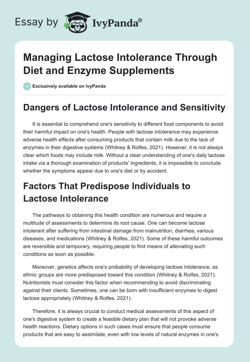 Managing Lactose Intolerance Through Diet and Enzyme Supplements. Page 1