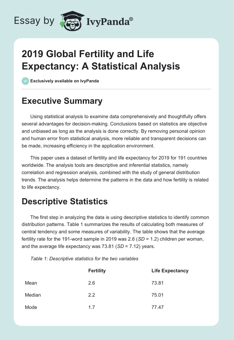 2019 Global Fertility and Life Expectancy: A Statistical Analysis. Page 1