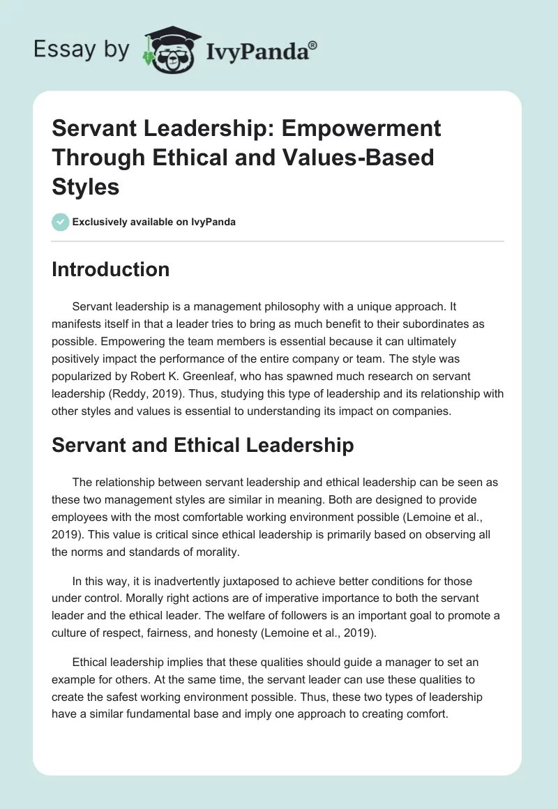 Servant Leadership: Empowerment Through Ethical and Values-Based Styles. Page 1