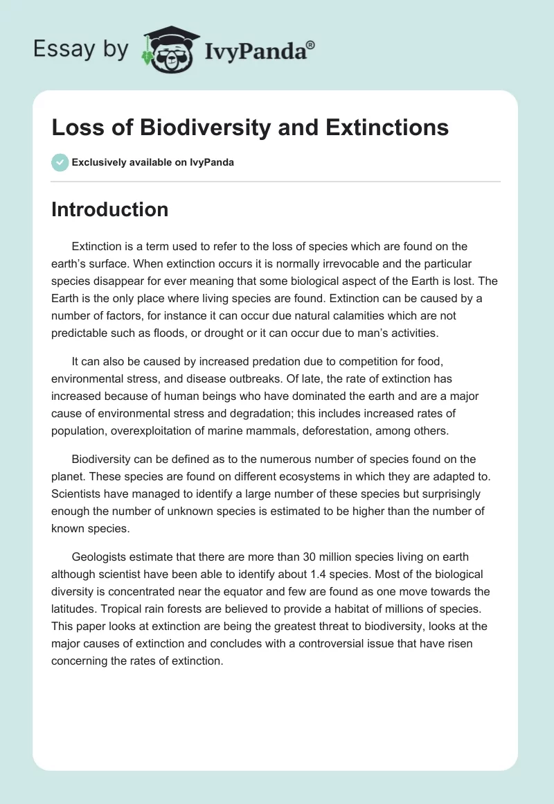 Loss of Biodiversity and Extinctions. Page 1