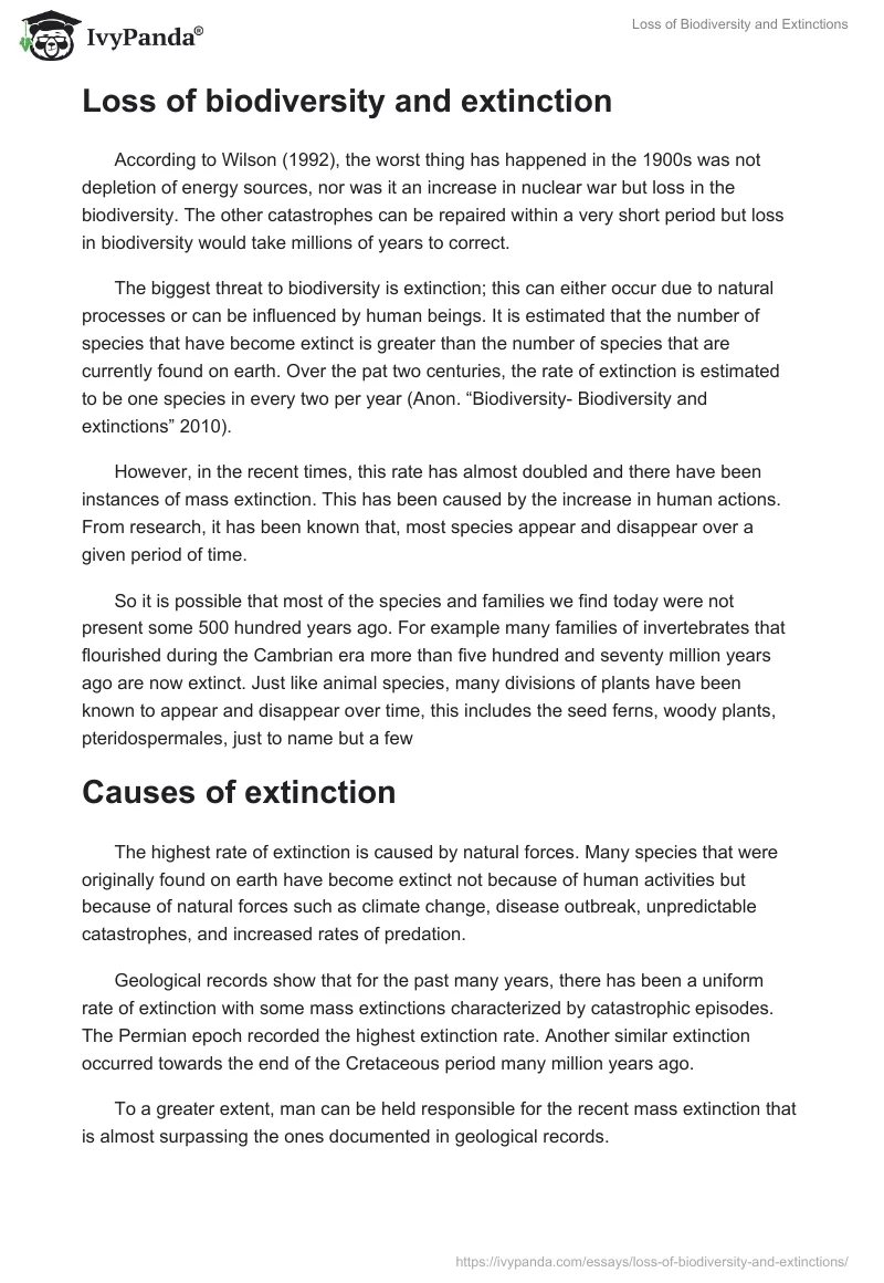 Loss of Biodiversity and Extinctions. Page 2