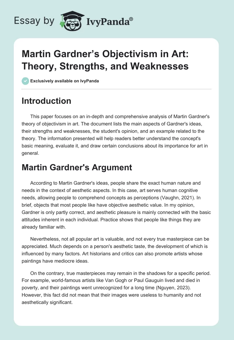 Martin Gardner’s Objectivism in Art: Theory, Strengths, and Weaknesses. Page 1