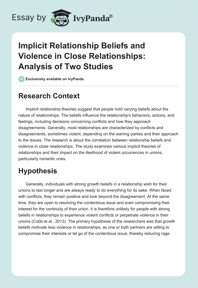 Implicit Relationship Beliefs and Violence in Close Relationships: Analysis of Two Studies. Page 1