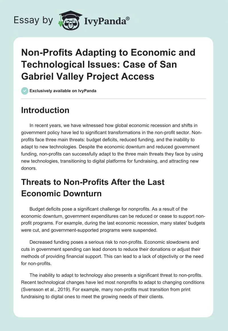 Non-Profits Adapting to Economic and Technological Issues: Case of San Gabriel Valley Project Access. Page 1