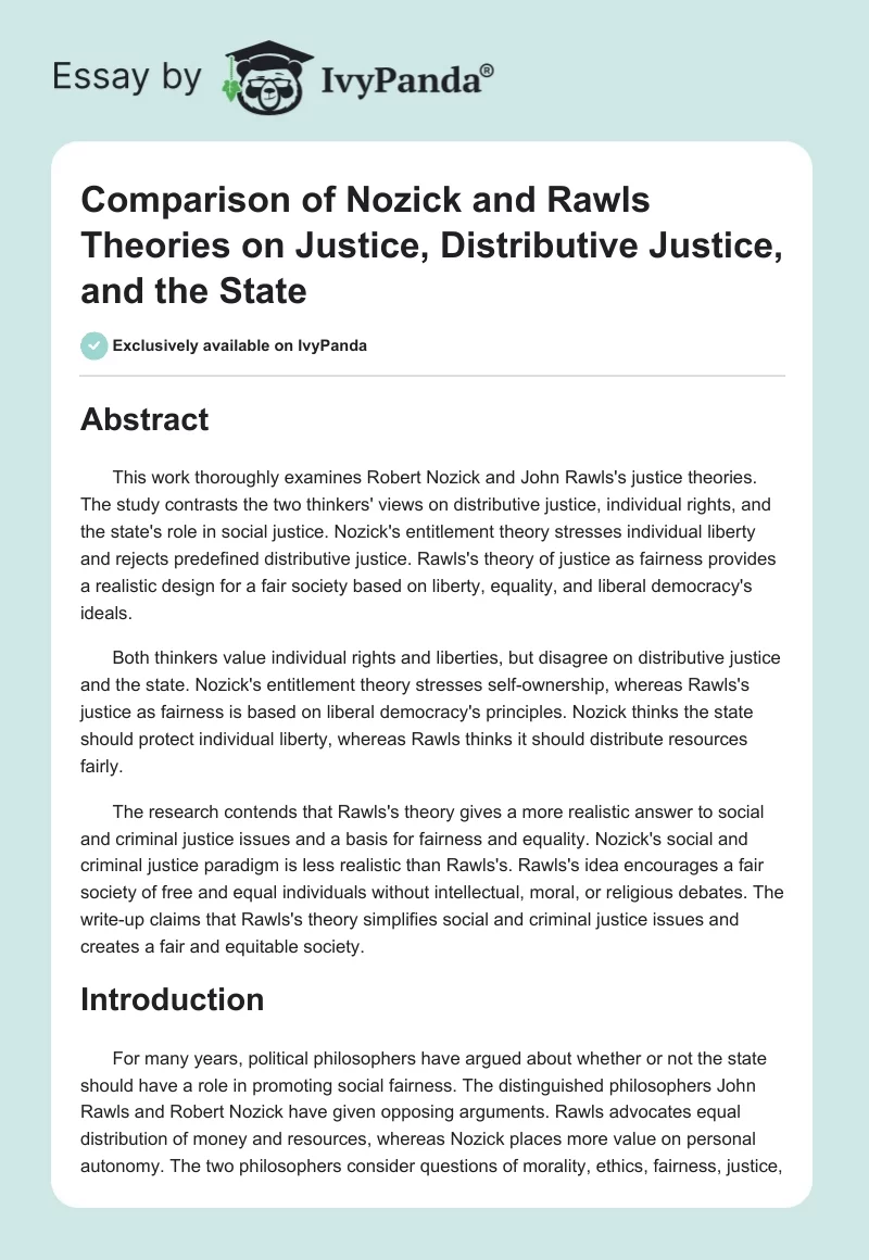 Comparison of Nozick and Rawls Theories on Justice, Distributive Justice, and the State. Page 1