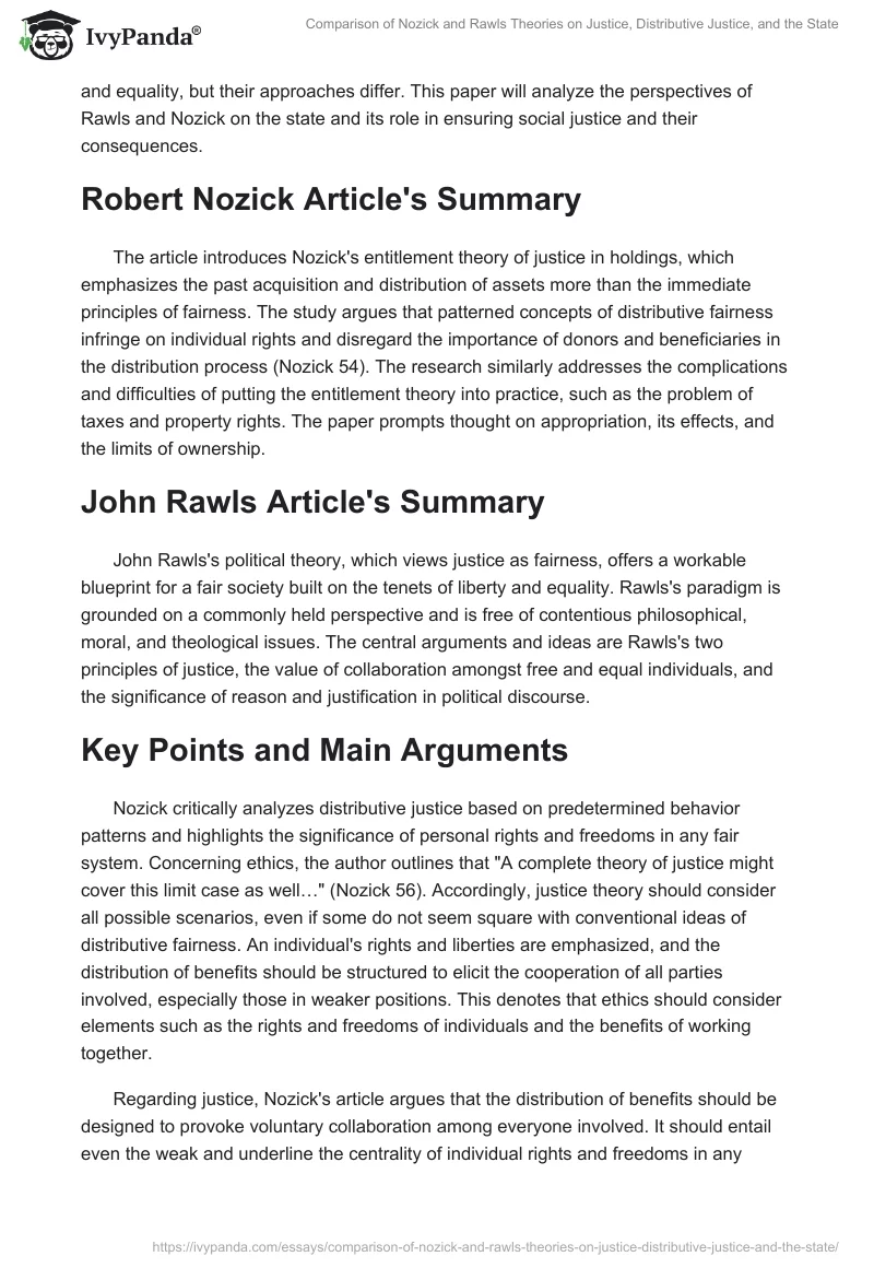 Comparison of Nozick and Rawls Theories on Justice, Distributive Justice, and the State. Page 2