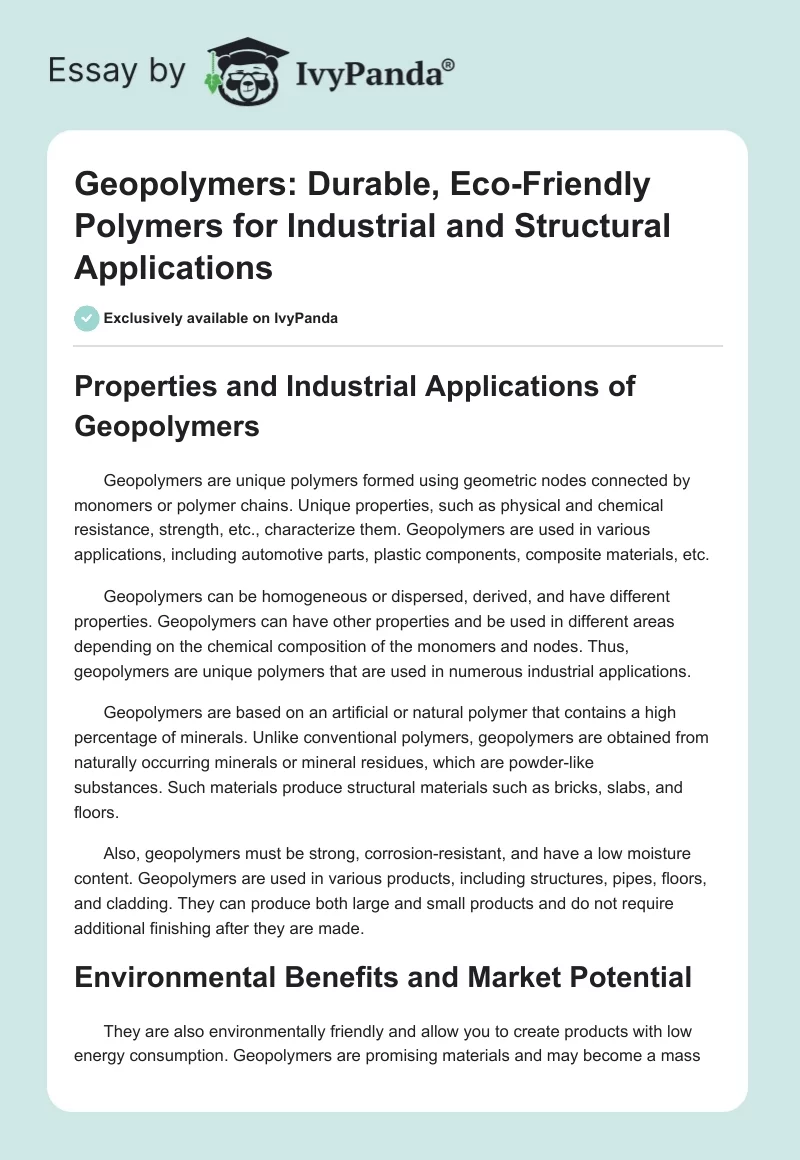Geopolymers: Durable, Eco-Friendly Polymers for Industrial and Structural Applications. Page 1