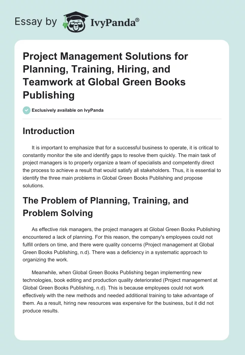 Project Management Solutions for Planning, Training, Hiring, and Teamwork at Global Green Books Publishing. Page 1
