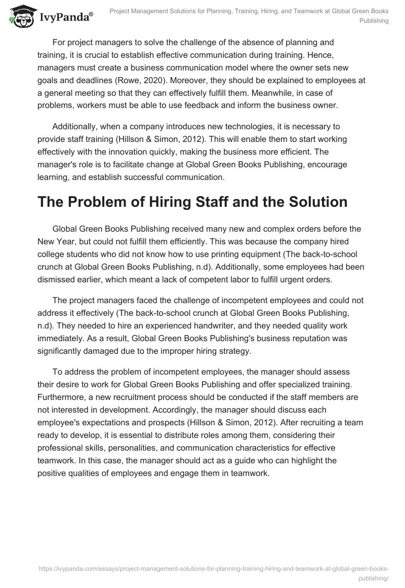 Project Management Solutions for Planning, Training, Hiring, and Teamwork at Global Green Books Publishing. Page 2