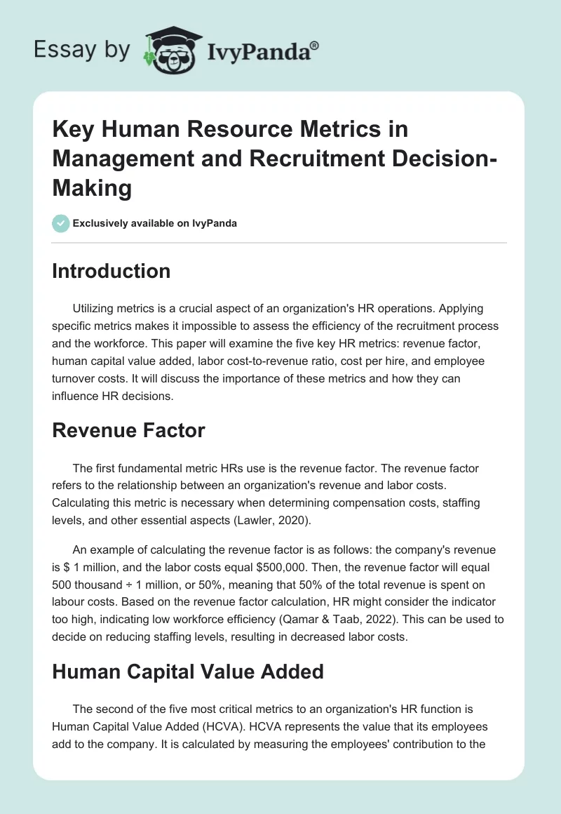 Key Human Resource Metrics in Management and Recruitment Decision-Making. Page 1