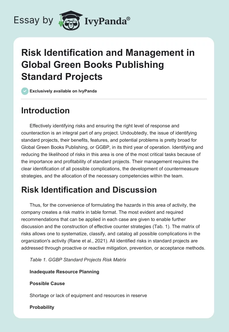 Risk Identification and Management in Global Green Books Publishing Standard Projects. Page 1