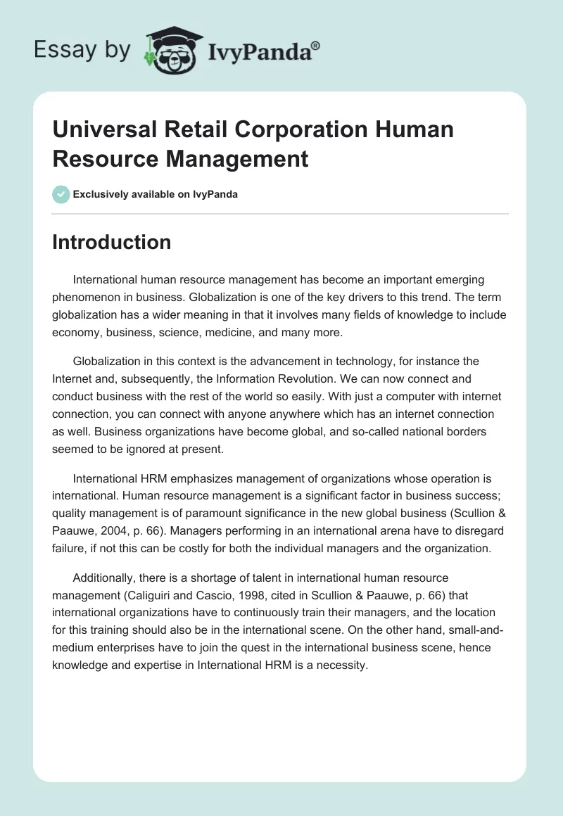Universal Retail Corporation Human Resource Management. Page 1