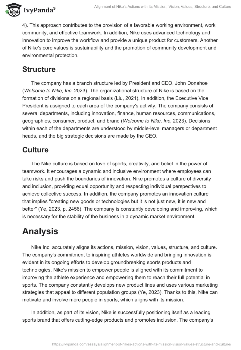 Alignment of Nike’s Actions with Its Mission, Vision, Values, Structure, and Culture. Page 2