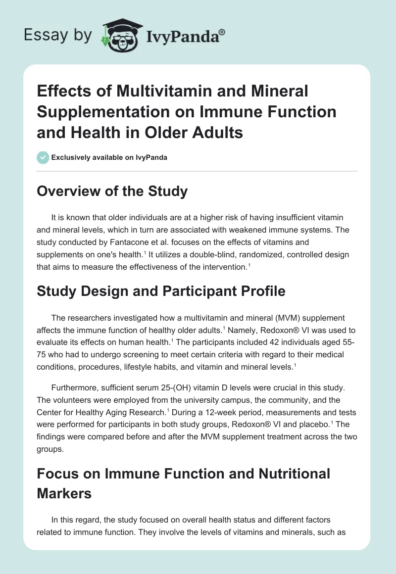 Effects of Multivitamin and Mineral Supplementation on Immune Function and Health in Older Adults. Page 1