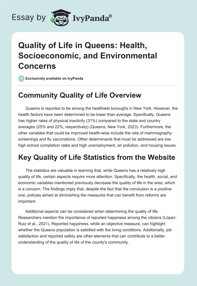 Quality of Life in Queens: Health, Socioeconomic, and Environmental Concerns. Page 1
