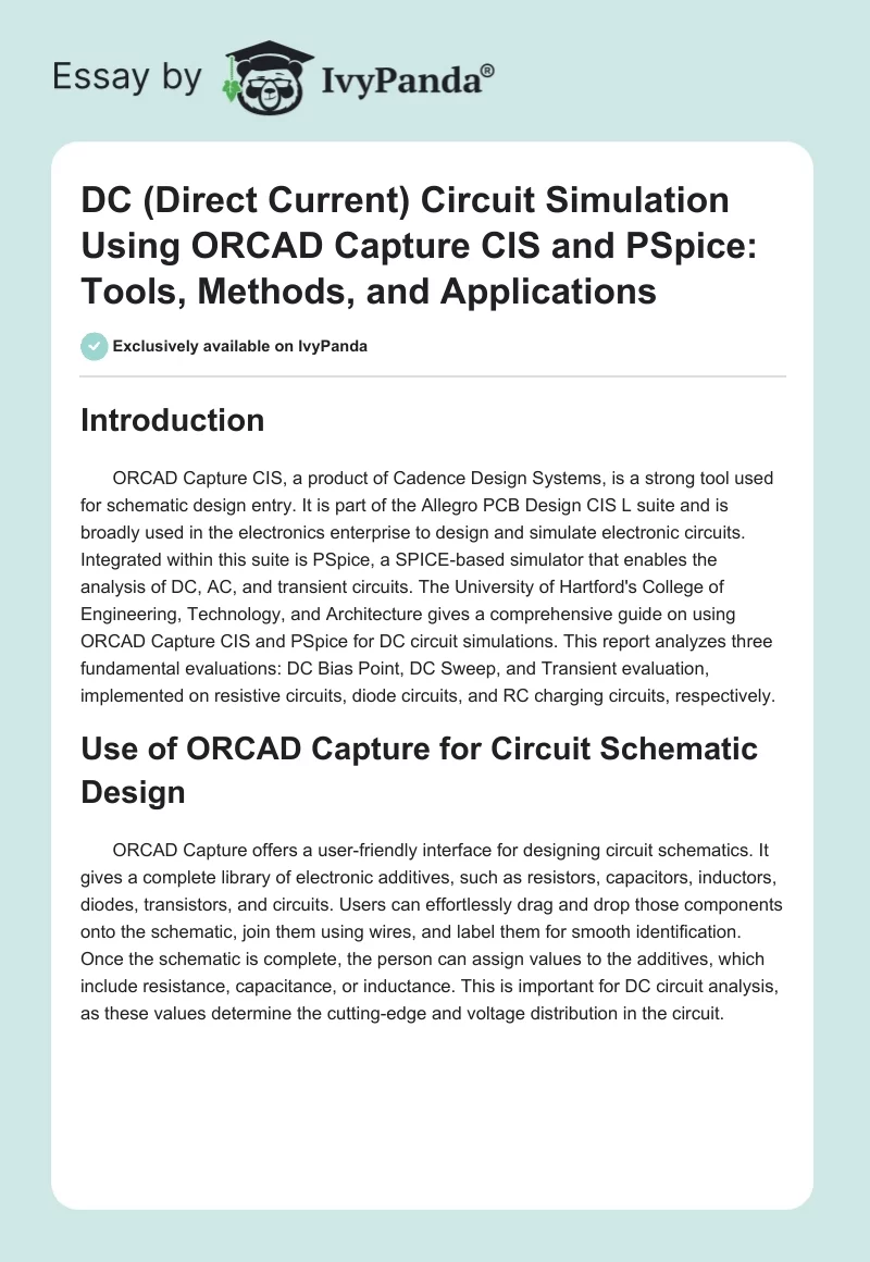 DC (Direct Current) Circuit Simulation Using ORCAD Capture CIS and PSpice: Tools, Methods, and Applications. Page 1